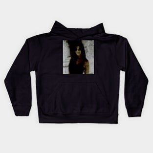 Portrait, digital collage and special processing. Somewhat scary, but pleasant girl. Dark side. Gray and green. Kids Hoodie